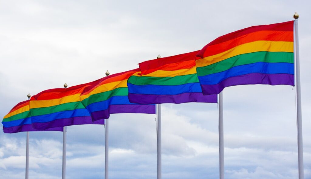 A row of rainbow coloured flags with the sky as backdrop.